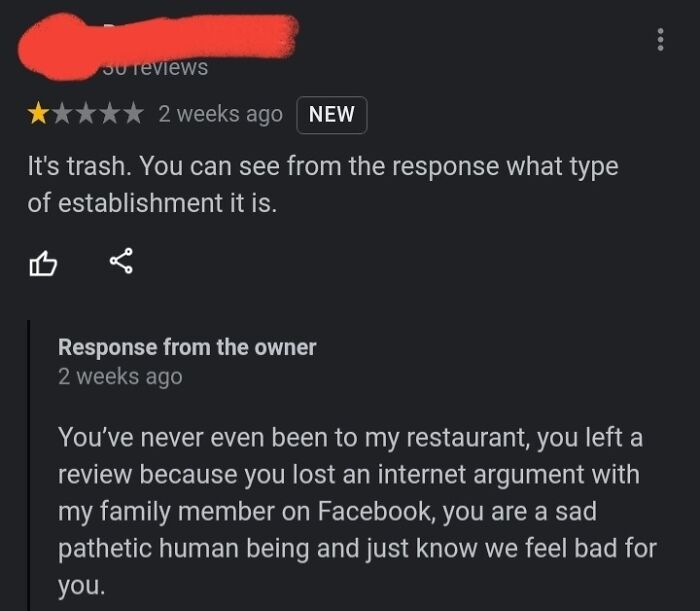 Screenshot of a negative review and response showcasing entitled Karen behavior and online confrontation.