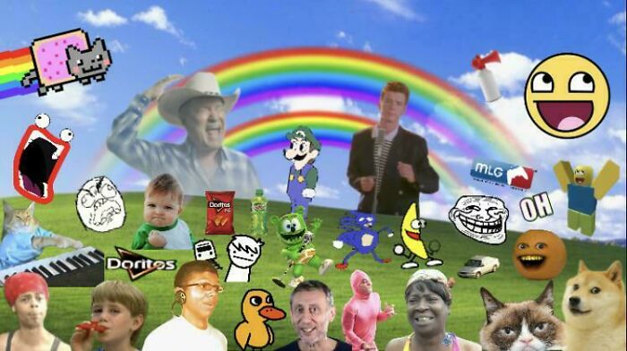 Collage of iconic 2010s internet memes and pop culture icons under a rainbow, evoking nostalgia for the 2010s era.