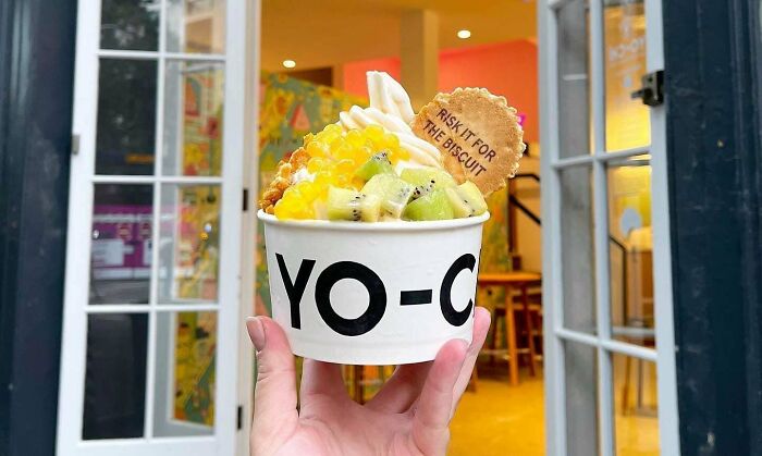 Hand holding a cup of frozen yogurt topped with fruit and a biscuit, evoking nostalgia for the 2010s.