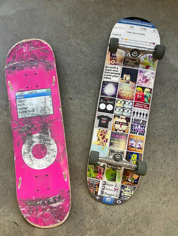 Two skateboards on concrete floor featuring 2010s nostalgia and vintage social media graphics designs.
