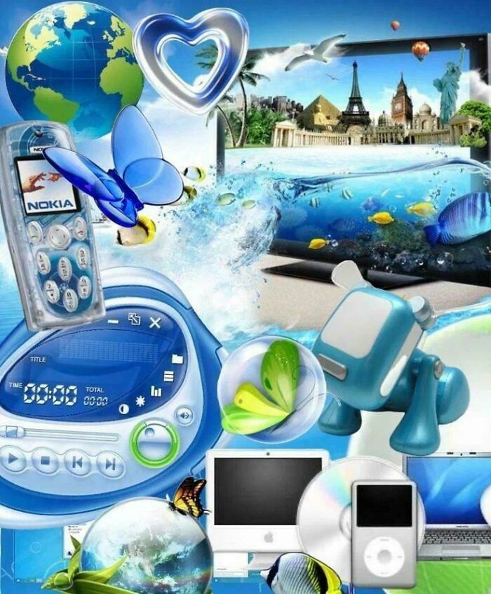 Collage of 2010s tech and icons including Nokia phone, MP3 player, iPod, and early flat-screen computer displays.
