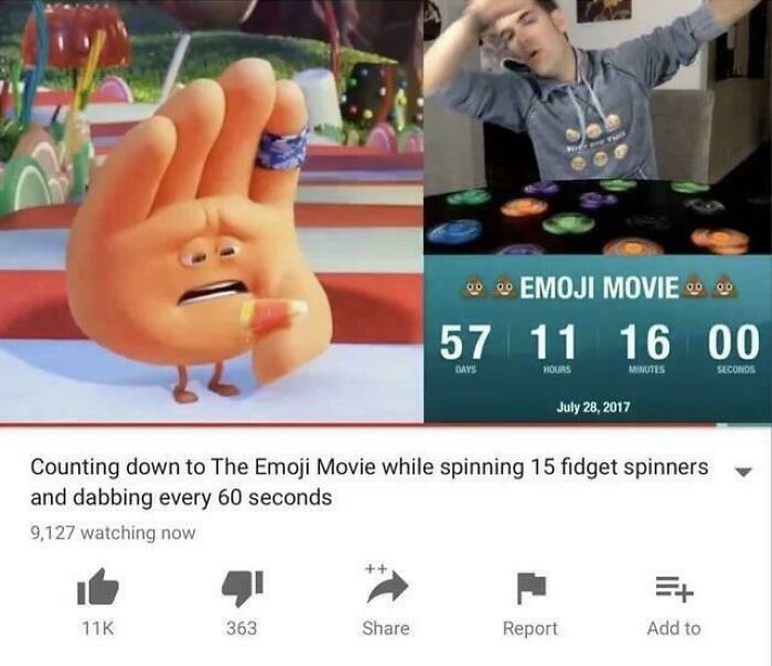 Countdown to Emoji Movie with fidget spinners and dabbing, capturing nostalgia from the 2010s era.