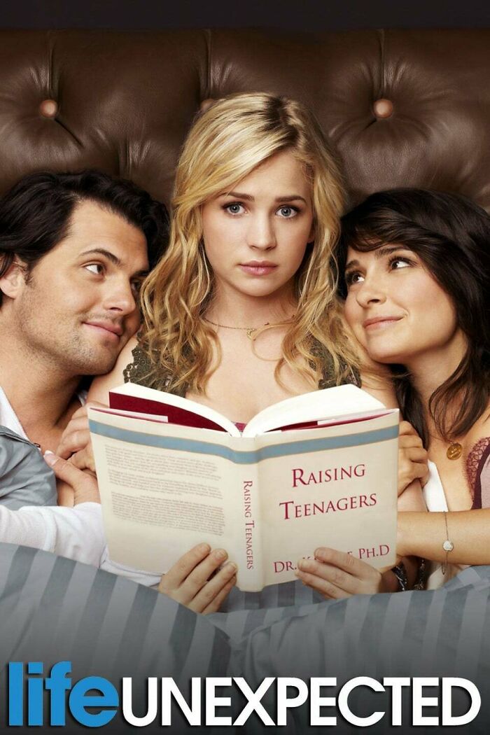 Three young adults reading a book titled Raising Teenagers, reflecting 2010s nostalgia and life unexpected themes.