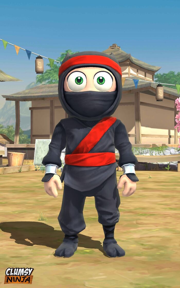 Animated ninja character with large green eyes wearing black and red outfit in a traditional 2010s cartoon style scene.
