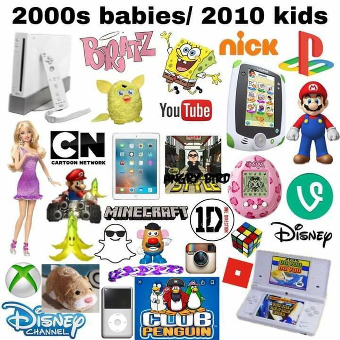 Collection of iconic toys, games, apps, and shows representing 2010s kids’ nostalgia and better times in that decade.