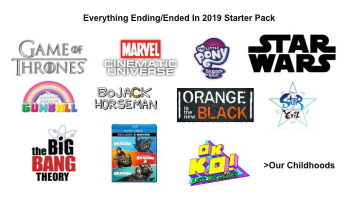 Logos of popular 2010s shows and movies like Game of Thrones, Marvel, Star Wars, and The Big Bang Theory.