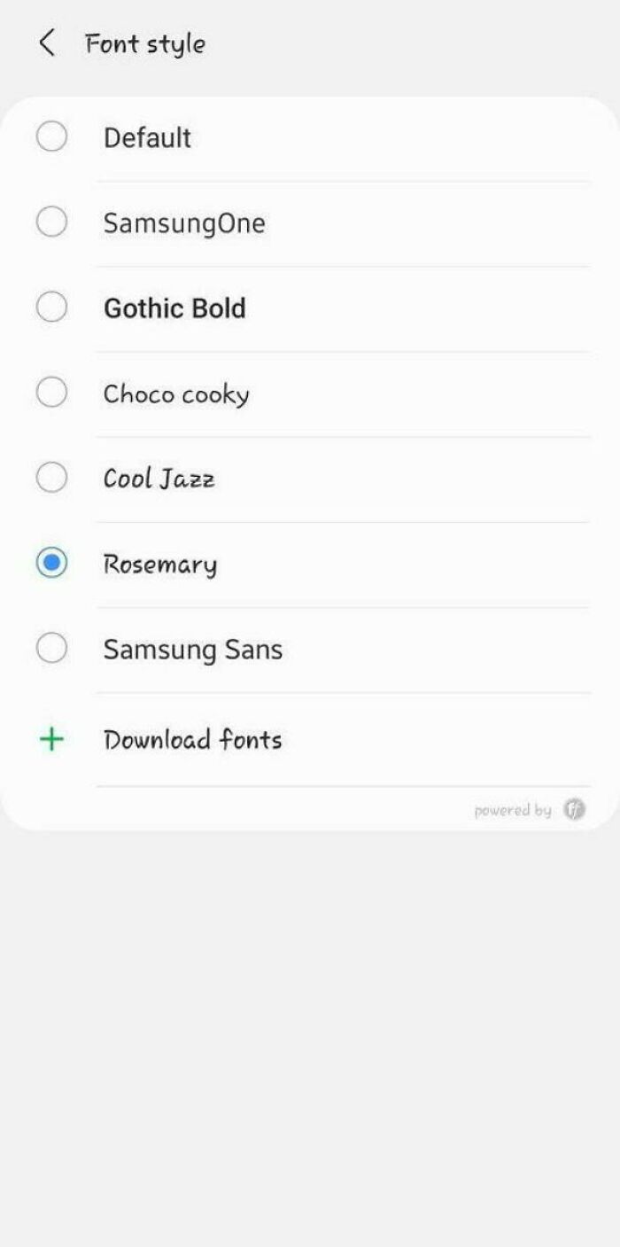 Font style selection menu on a device screen showing various font options and a download fonts link.