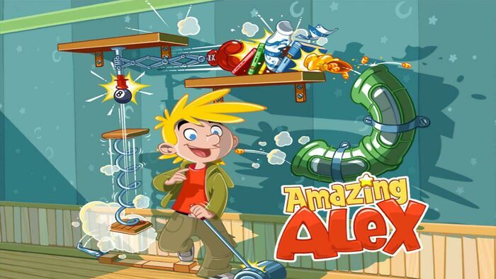 Cartoon character playing the 2010s game Amazing Alex, featuring colorful Rube Goldberg-style contraptions indoors.