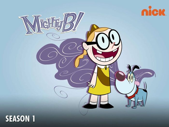 Cartoon characters from a 2010s Nickelodeon show The Mighty B! with girl and her dog smiling together.