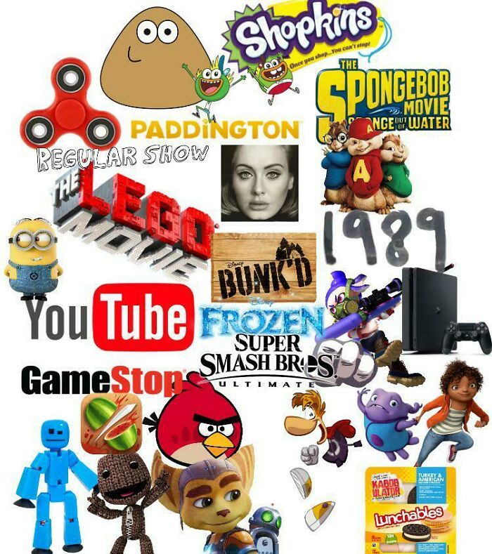 Collage of popular 2010s icons including YouTube, Angry Birds, LEGO, Shopkins, and Frozen representing 2010s nostalgia.