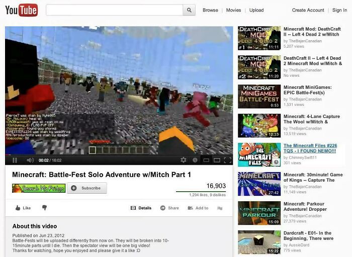 Minecraft gameplay video on YouTube showing Battle-Fest solo adventure with views and related video suggestions from the 2010s.