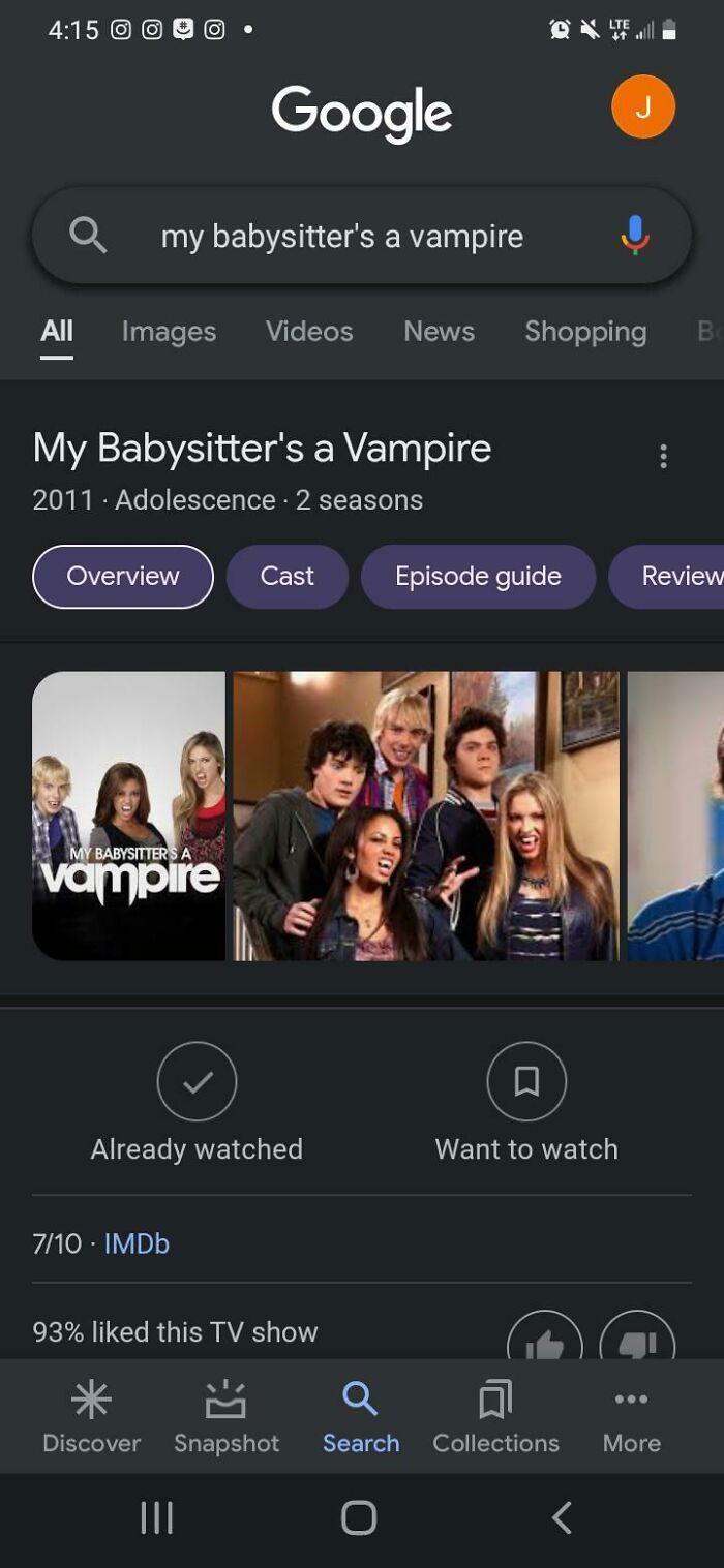 Google search results for My Babysitter's a Vampire, a 2011 adolescence TV show from the 2010s with two seasons and high viewer ratings.