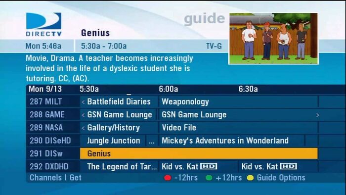 DIRECTV TV guide screen showing 2010s cartoon and TV schedule with nostalgic 2010s channel listings.