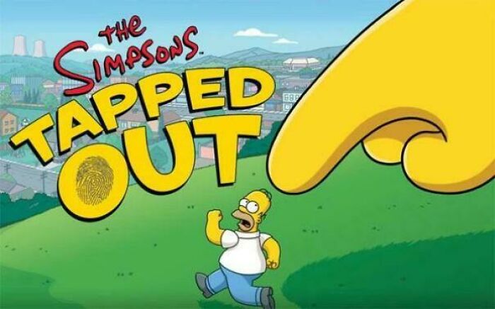 The Simpsons Tapped Out game logo with a giant finger about to tap Homer Simpson on a grassy field, 2010s nostalgia.