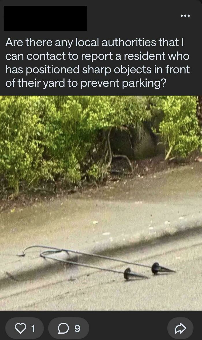 Hilarious neighborhood online community screenshot about sharp objects in a yard preventing parking.
