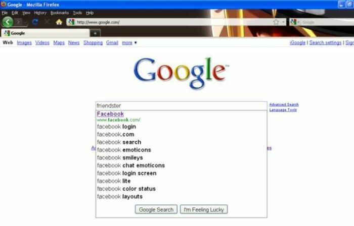 Screenshot of the Google homepage in Firefox showing search suggestions for Facebook, highlighting nostalgia of the 2010s internet.
