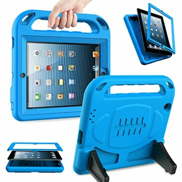 Blue kid-friendly tablet case with handle and kickstand, showcasing retro technology popular in the 2010s era.