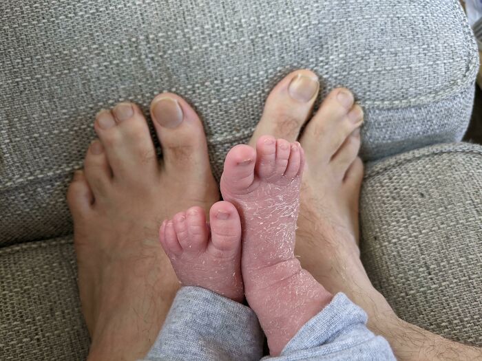 Adult feet next to newborn baby feet showing incredible and unreal details of human skin texture and size contrast.
