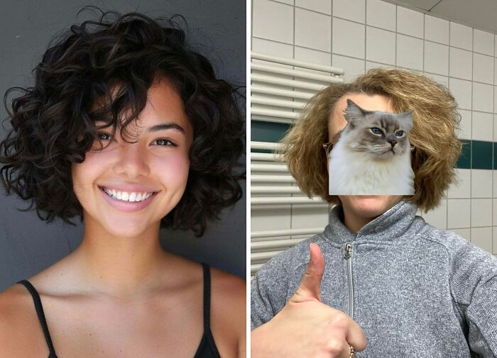 Side-by-side comparison of well-styled curly hair and a badly cut, frizzy hairdo showing hairdresser fails and hair trauma.