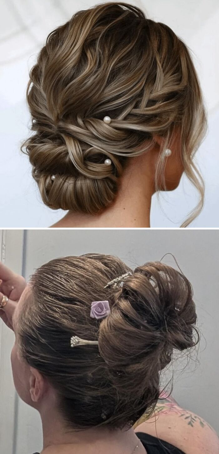 Top image shows a polished formal hair updo, and bottom image depicts a messy hairdresser hairstyle fail on brown hair.