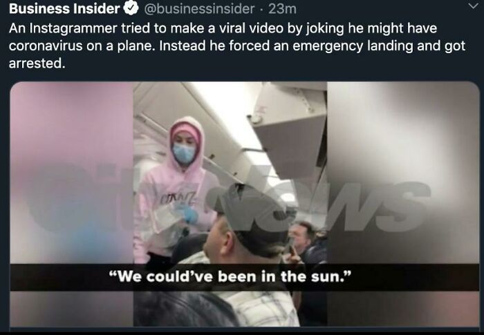 Man in pink hoodie and face mask jokes about having coronavirus on plane, causing emergency landing disaster captured by passengers.