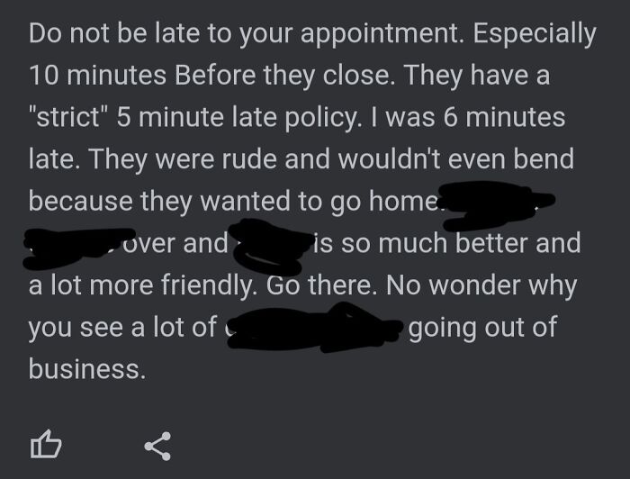 Screenshot of a complaint about rude service and strict late policy illustrating entitled Karens missing a sense of shame.