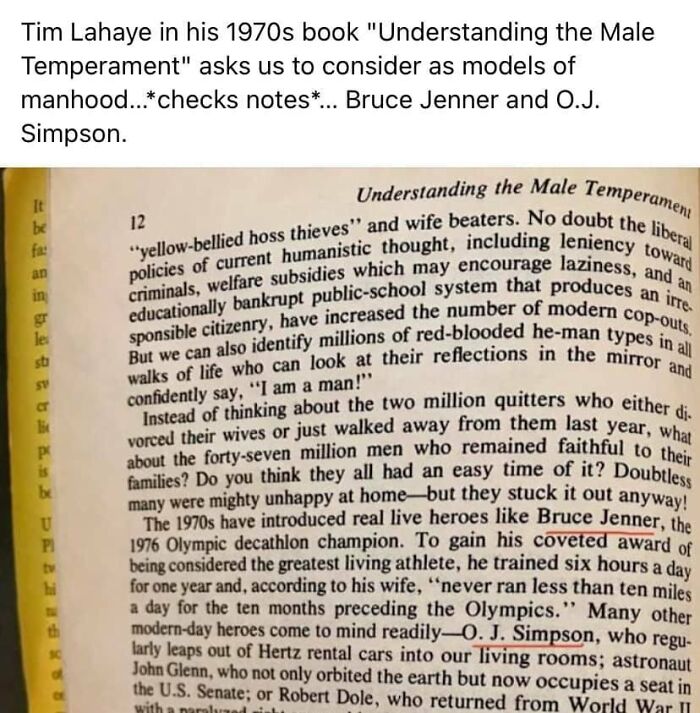 1970s book page with controversial views on manhood, featuring names like Bruce Jenner and O.J. Simpson in old photos that aged badly