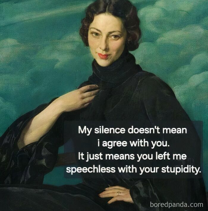 Classical art meme of a woman in black with sarcastic text about being left speechless by stupidity.