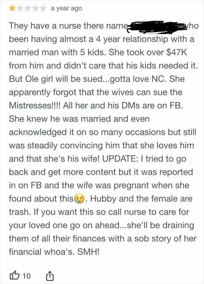 One-star review rant exposing a nurse involved in a messy personal and financial dispute, showcasing delusional customer complaints.