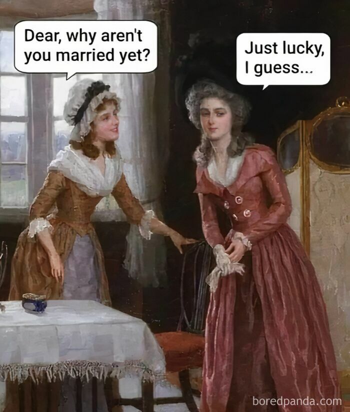 Two women in classical art style with added humorous speech bubbles about marriage, a popular classical art meme format.