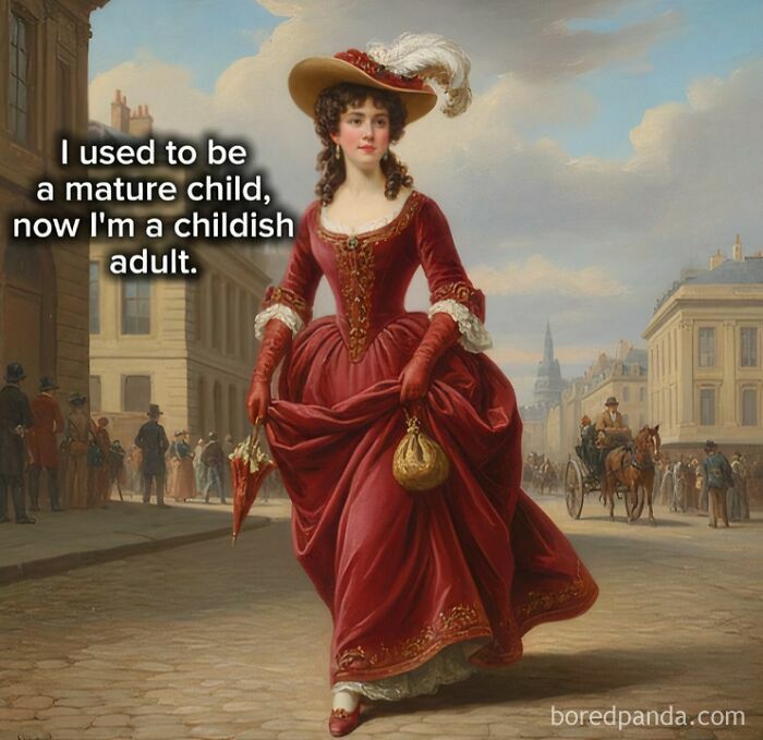 Classical art meme featuring a woman in a red dress with humorous text about being a childish adult.