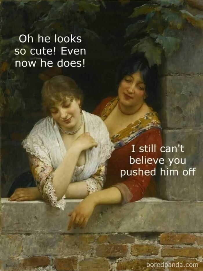 Two women in classical art style with humorous text about pushing someone off, featuring hilarious classical art memes.