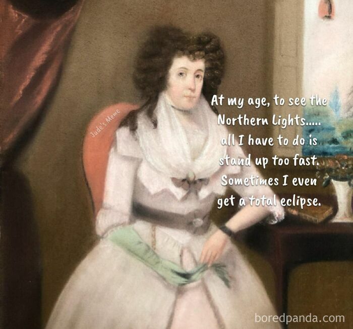 Classical art meme featuring a sarcastic elderly woman humorously referencing Northern Lights and eclipses.