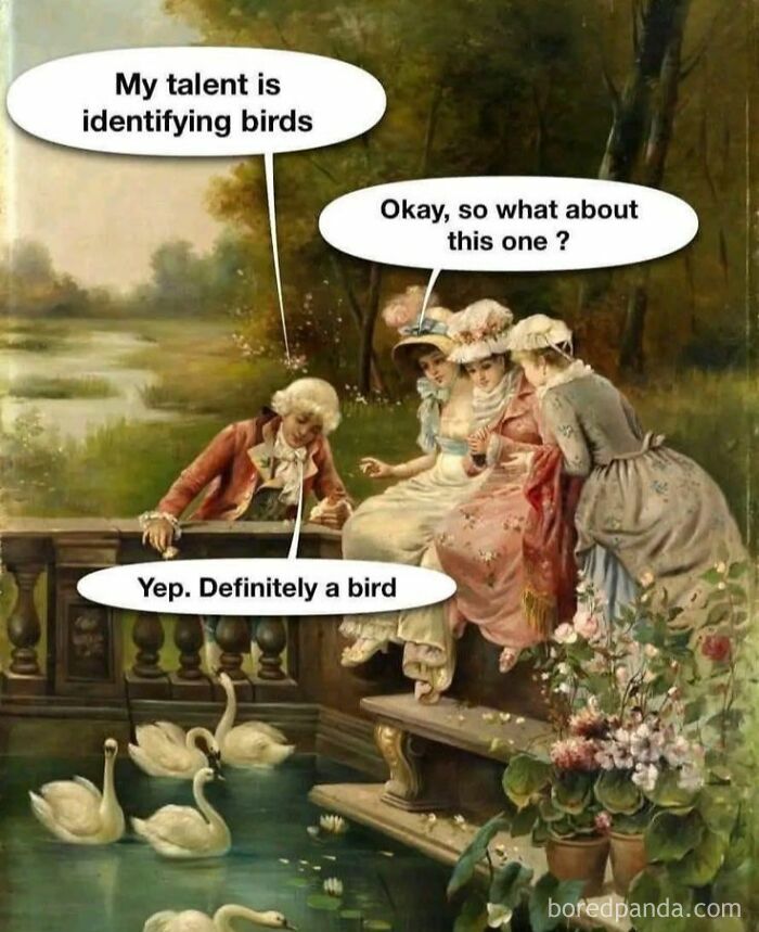 Classical art meme showing 18th-century figures joking about identifying birds in a pond, highlighting hilarious classical art humor.