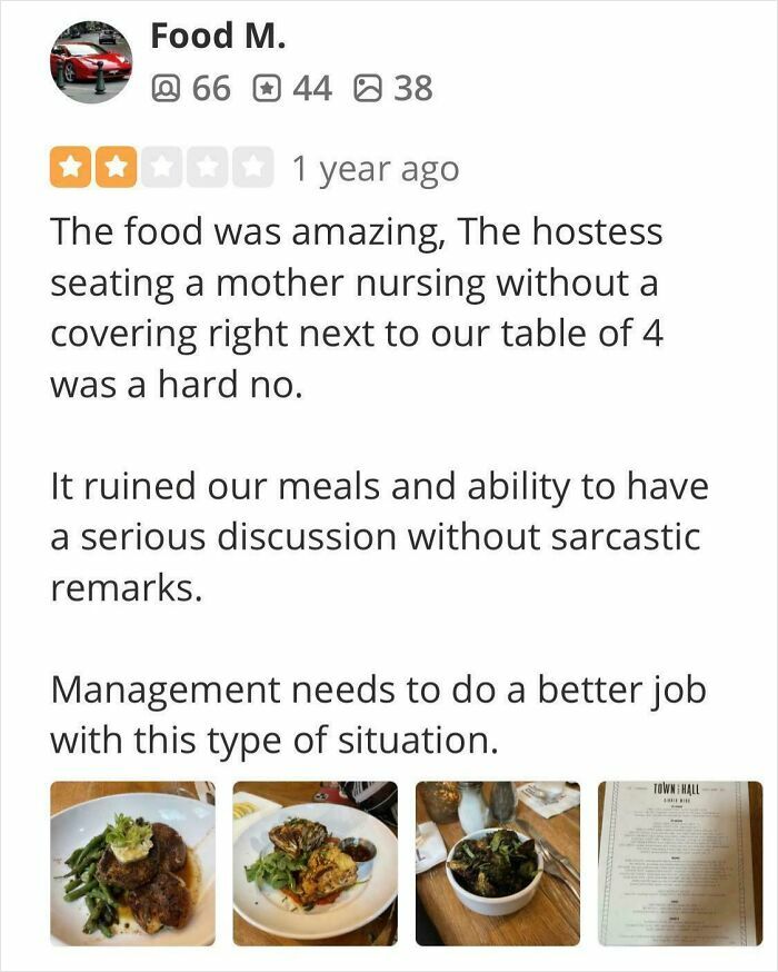 Delusional customer review complaining about a mother nursing at a restaurant ruining their meal experience.