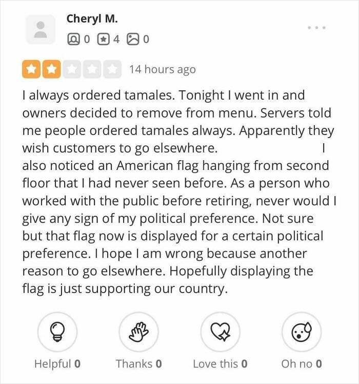 Customer review complaining about menu changes and political flag concerns, illustrating delusional customer expectations in reviews.