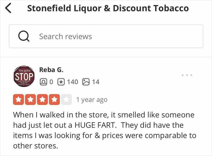Screenshot of a humorous customer review about a liquor store, featured in delusional customer reviews collection.