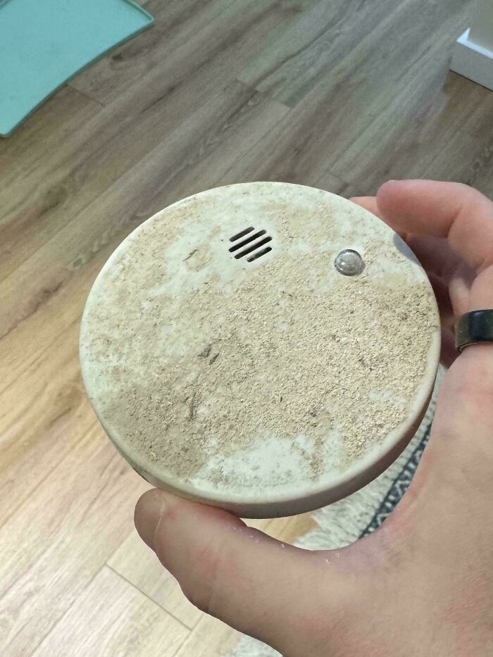Smoke detector covered in dust, showing a common disaster from forgetting what could go wrong in home safety maintenance.