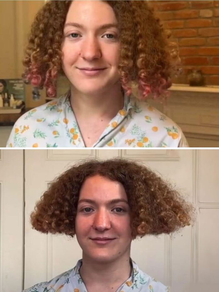 Person with curly hair showing a before and after haircut, illustrating a hairdresser mishap with their locks.