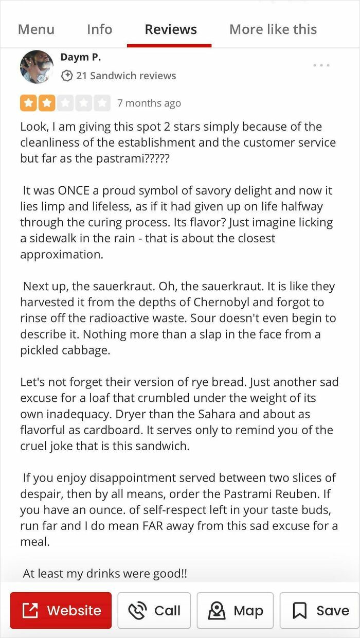 Customer review with 2-star rating criticizing pastrami, sauerkraut, and rye bread in a delusional customer complaint.
