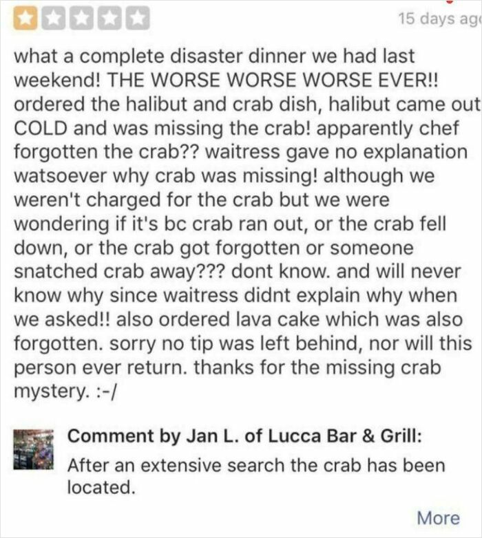 Customer review complaining about missing crab and cold food, with a humorous reply from the restaurant in delusional customer reviews.