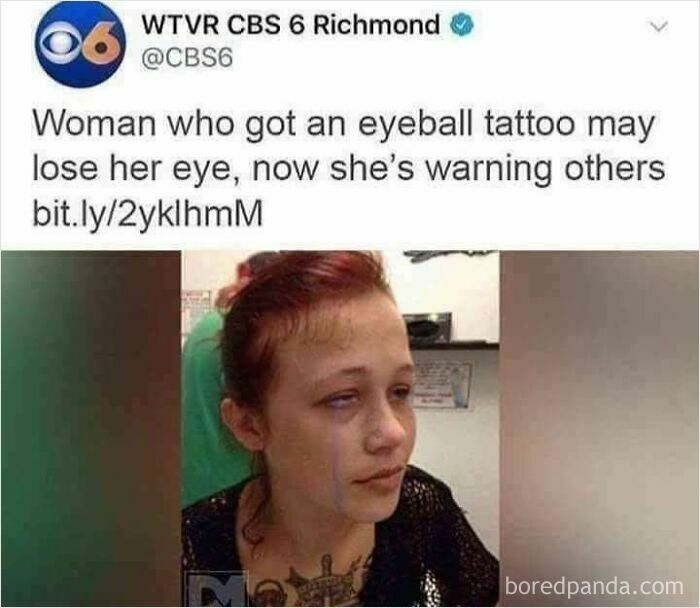 Woman with an eyeball tattoo risking eye loss, a reminder of what could go wrong in unexpected disasters and warnings.