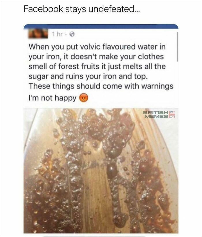 Facebook post complaining about disaster after using flavored water in iron that melted and ruined clothes.