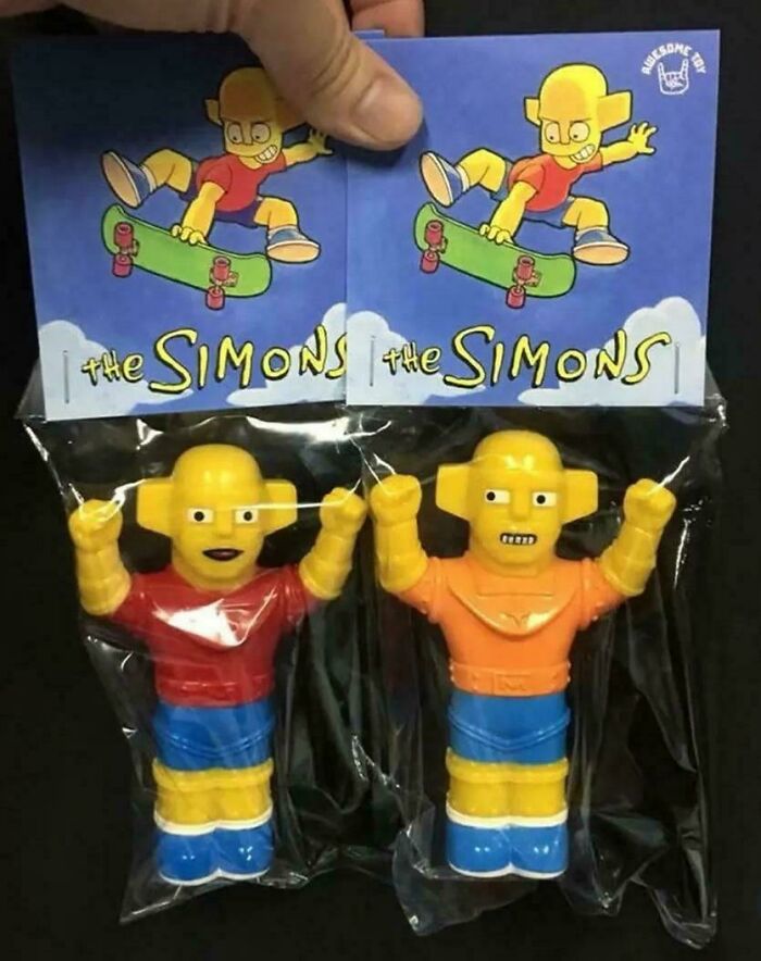 Two shamelessly copied toy figures labeled the Simons, mimicking a famous brand with altered design and packaging.