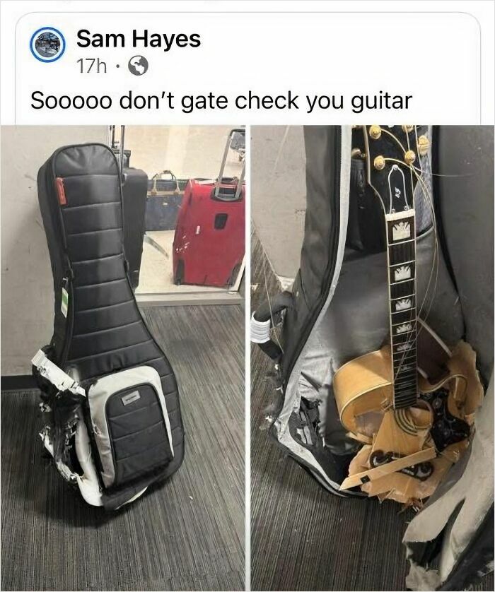 Damaged guitar inside a ripped case after neglecting to consider what could go wrong during travel mishap disaster.