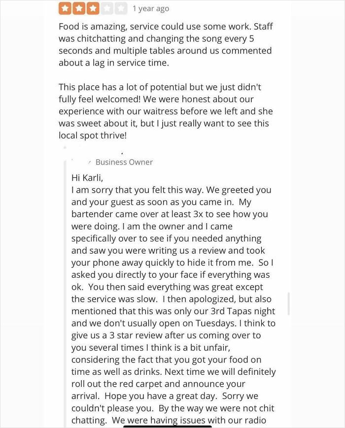 Customer review exchange showing a business owner responding to service complaints in an attempt to resolve issues.