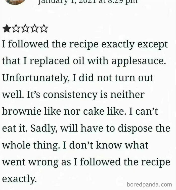 Text screenshot of a cooking disaster where replacing oil with applesauce ruined the recipe’s consistency and taste.