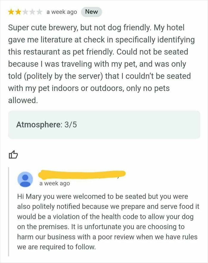 Customer leaves a 2-star review complaining about no pets allowed, despite rules and polite server response.
