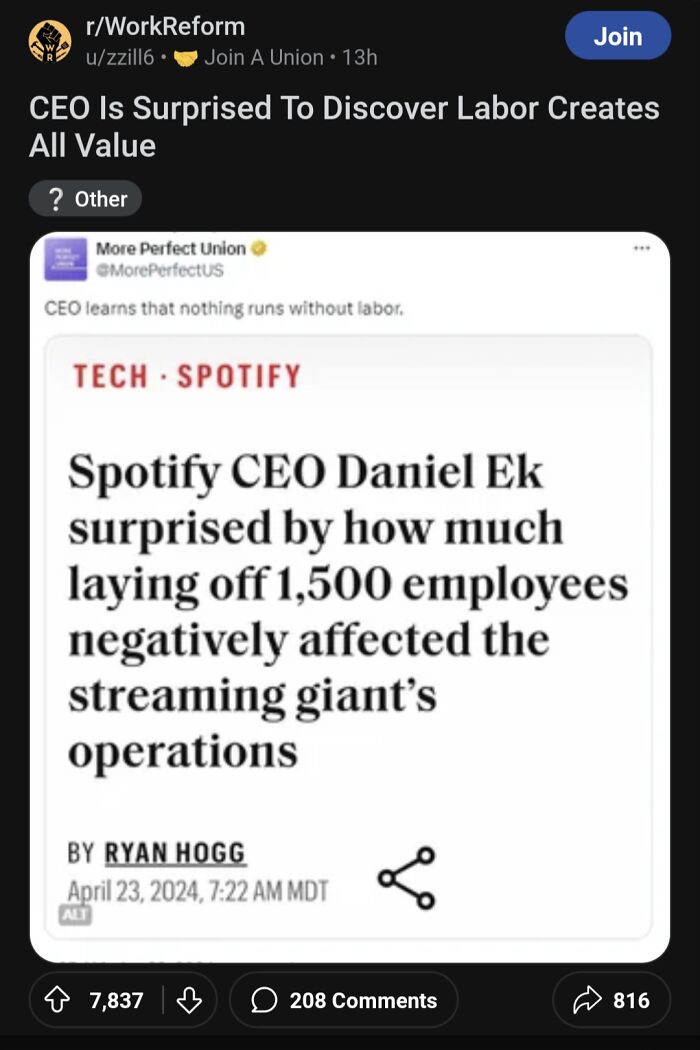 Post on r/WorkReform about Spotify CEO surprised by layoffs causing operational issues, a classic what could go wrong disaster.