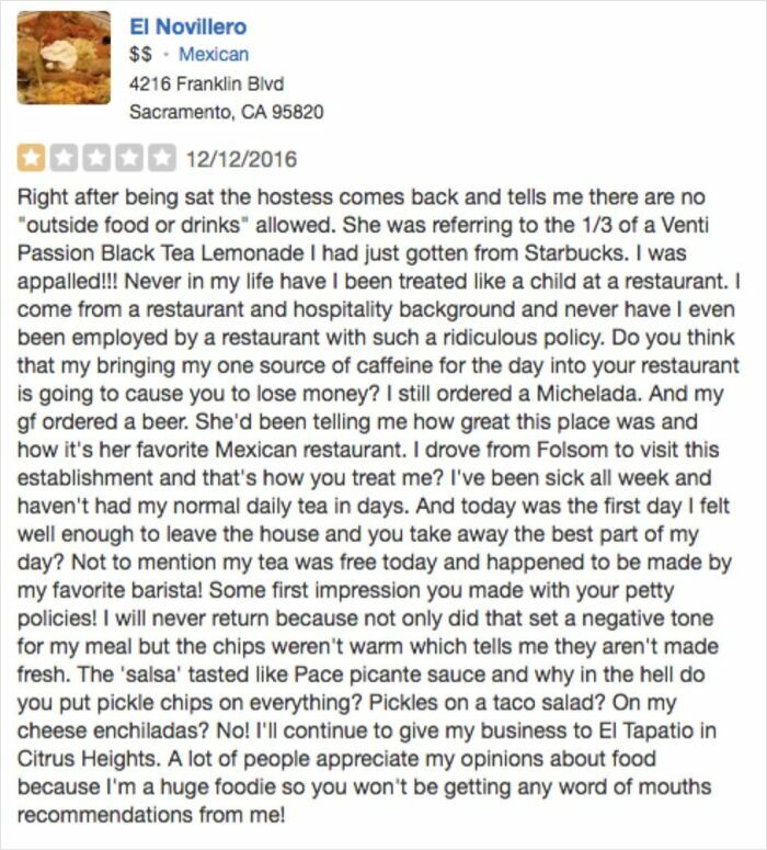 Customer review complaining about a restaurant’s no outside food policy while sharing a detailed negative experience.